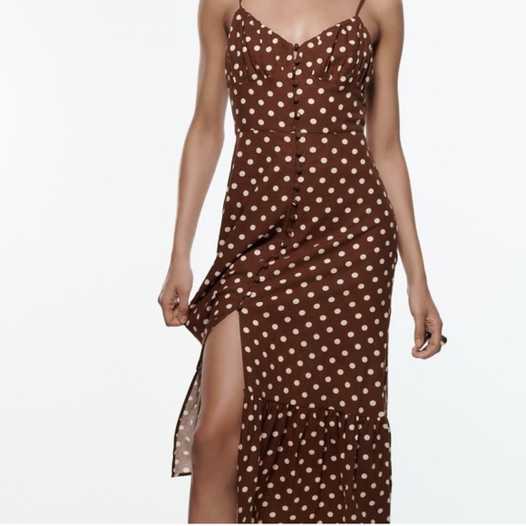 Zara Dresses & Skirts - ZARA Brown Polka Dot Linen Dress